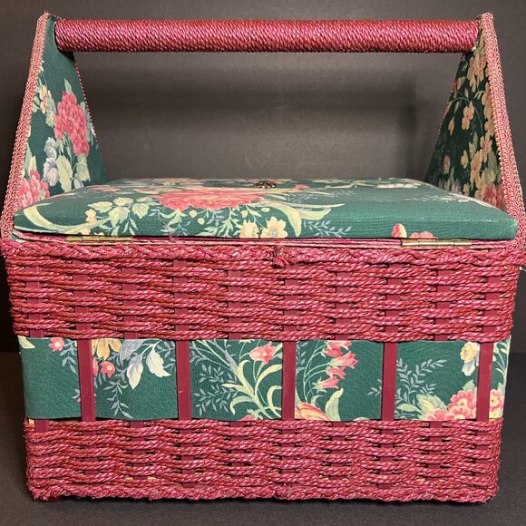 Vintage Burgundy & Green Floral Print Double Door Hinge Sewing Box w/ Handle - Picture 2 of 9
